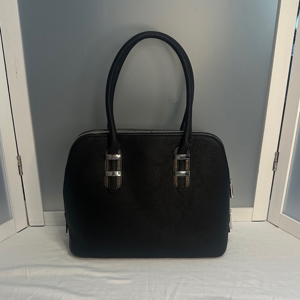 Charming Charlie Classic Black Faux Leather Tote Handbag